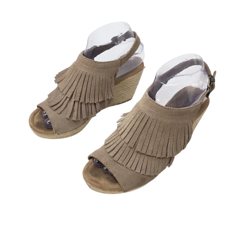 Minnetonka Ashley Fringe Sandals Wedge Nude Beige Sz 7 Fringed 71311 Espadrille